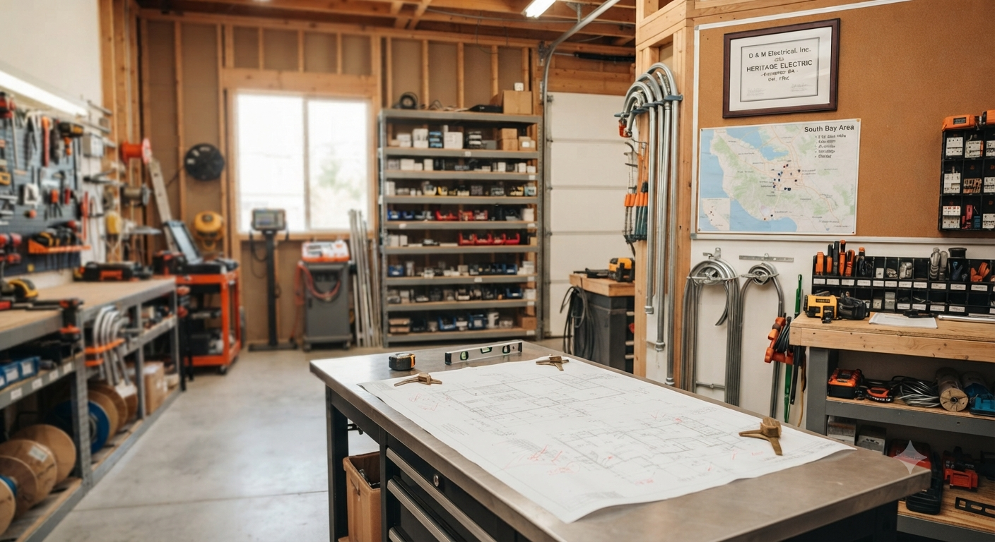 Heritage Electric workshop with tools, materials and electrical plans laid out on a bench