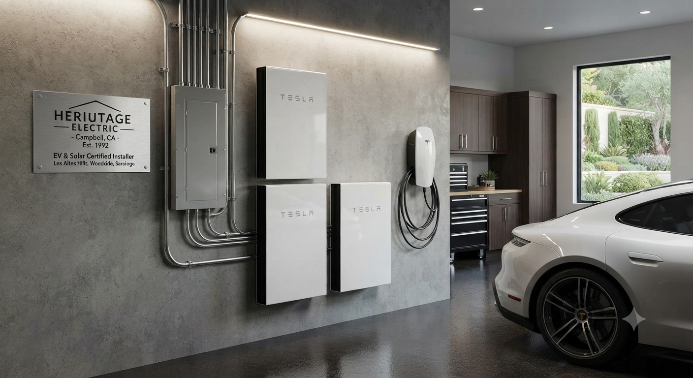 Modern garage with Tesla EV charger, electrical panels, and battery storage on a concrete wall