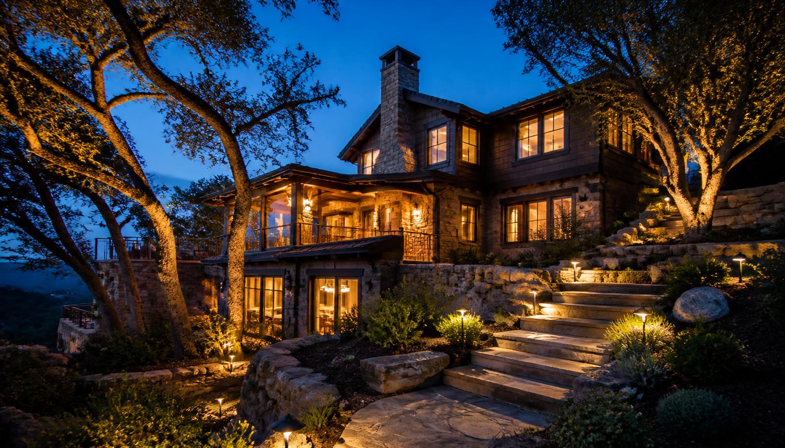 Hillside custom home at dusk with warm landscape lighting along stone steps