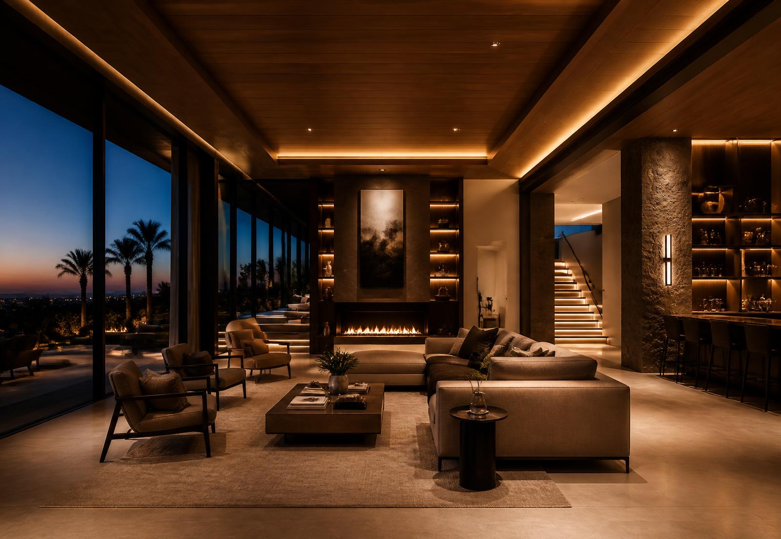 Warmly lit living room of a custom home at dusk with layered cove and recessed lighting