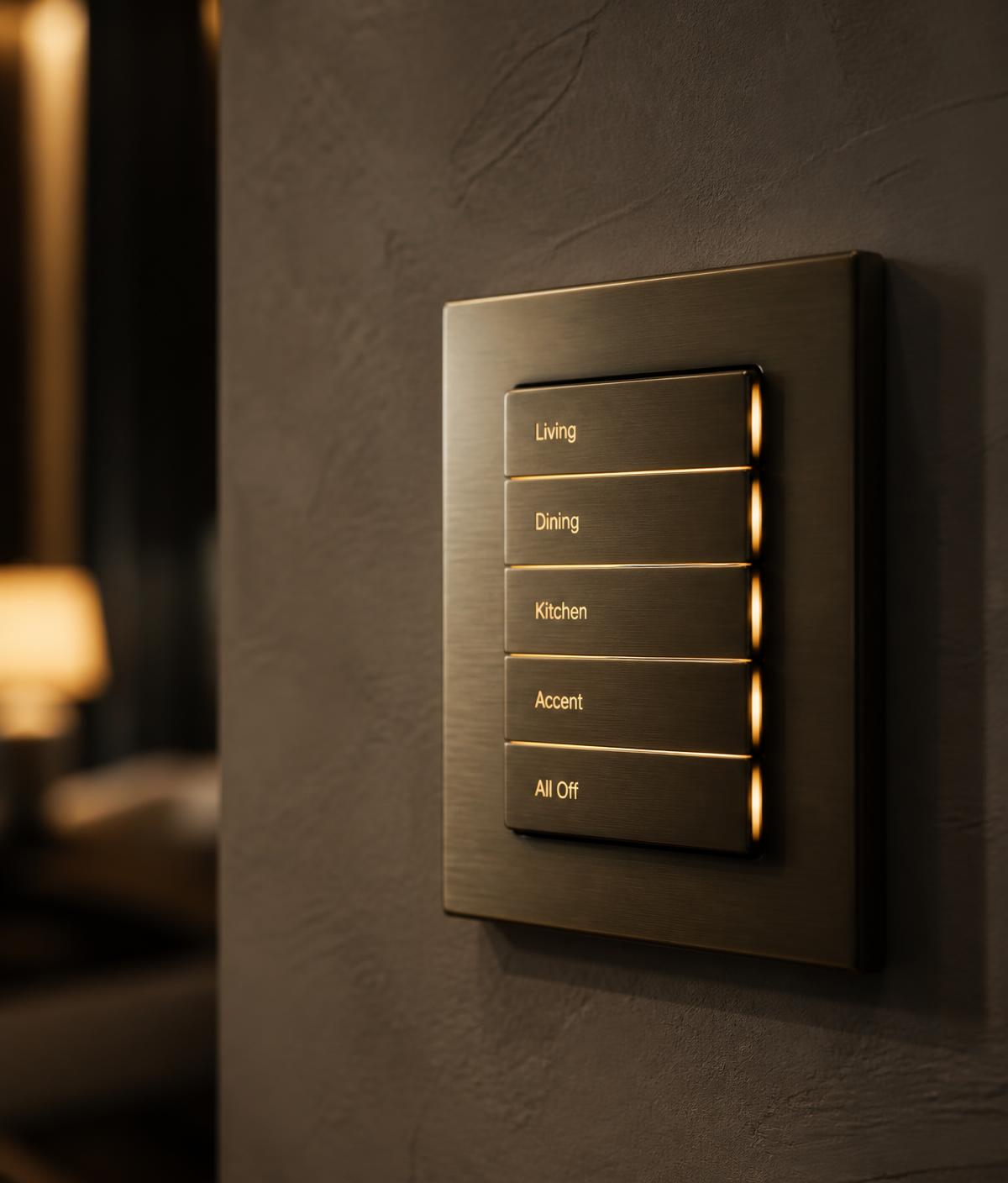 Brass lighting control keypad glowing on a plaster wall
